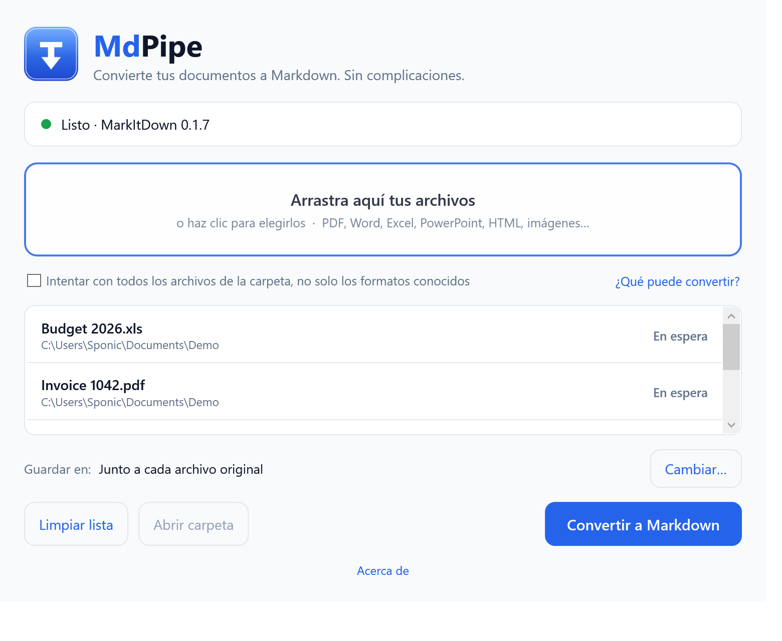 MdPipe con dos documentos en la lista, listo para convertir
