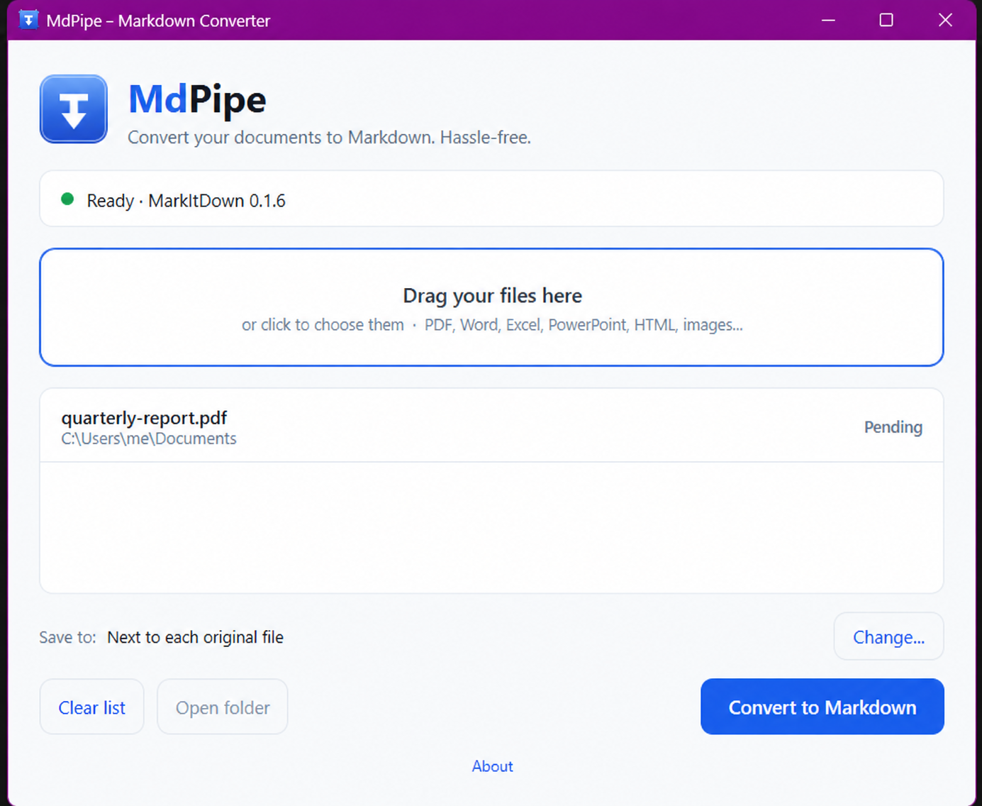 MdPipe con un PDF de ejemplo