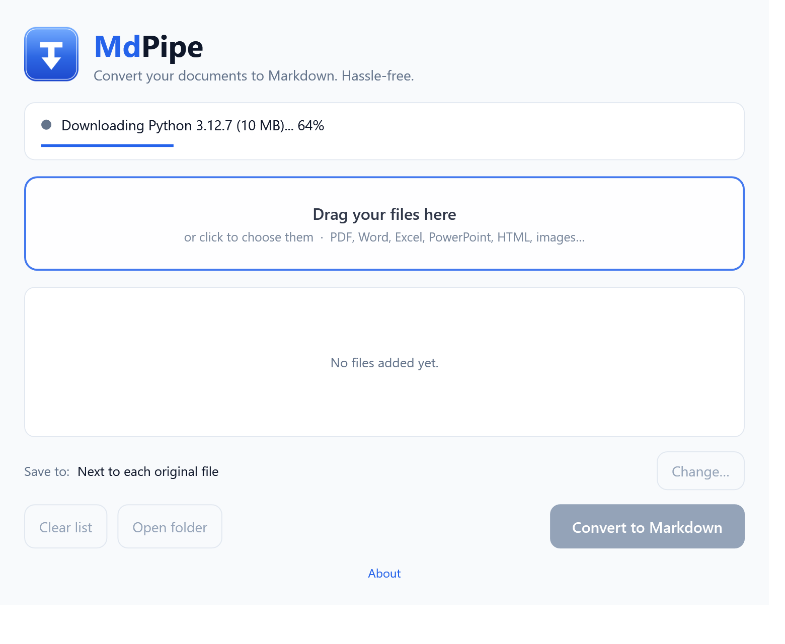 MdPipe descargando Python con progreso real