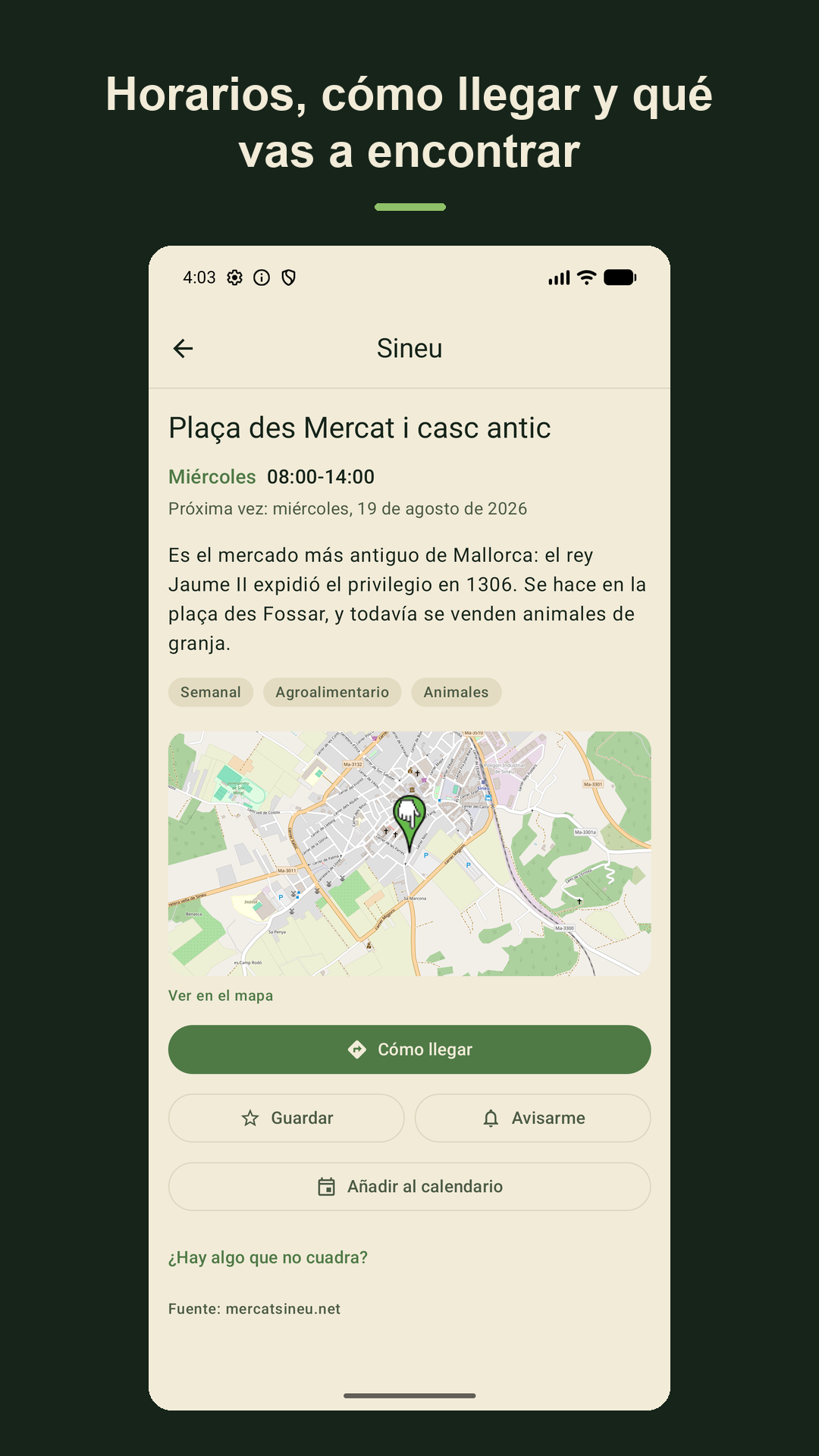 Ficha del mercado de Sineu: descripción, horario, mapa y botones