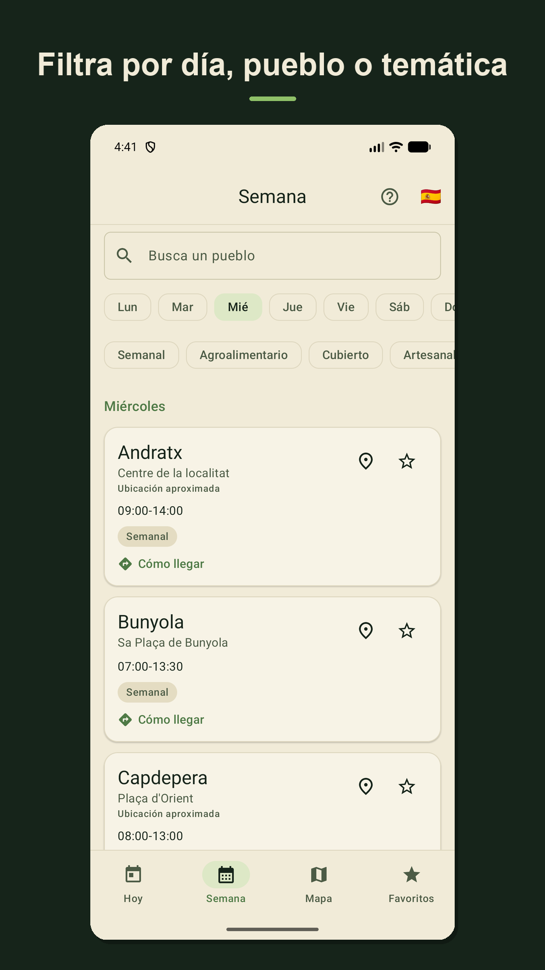 Filtros por día, pueblo y temática en la vista de Semana