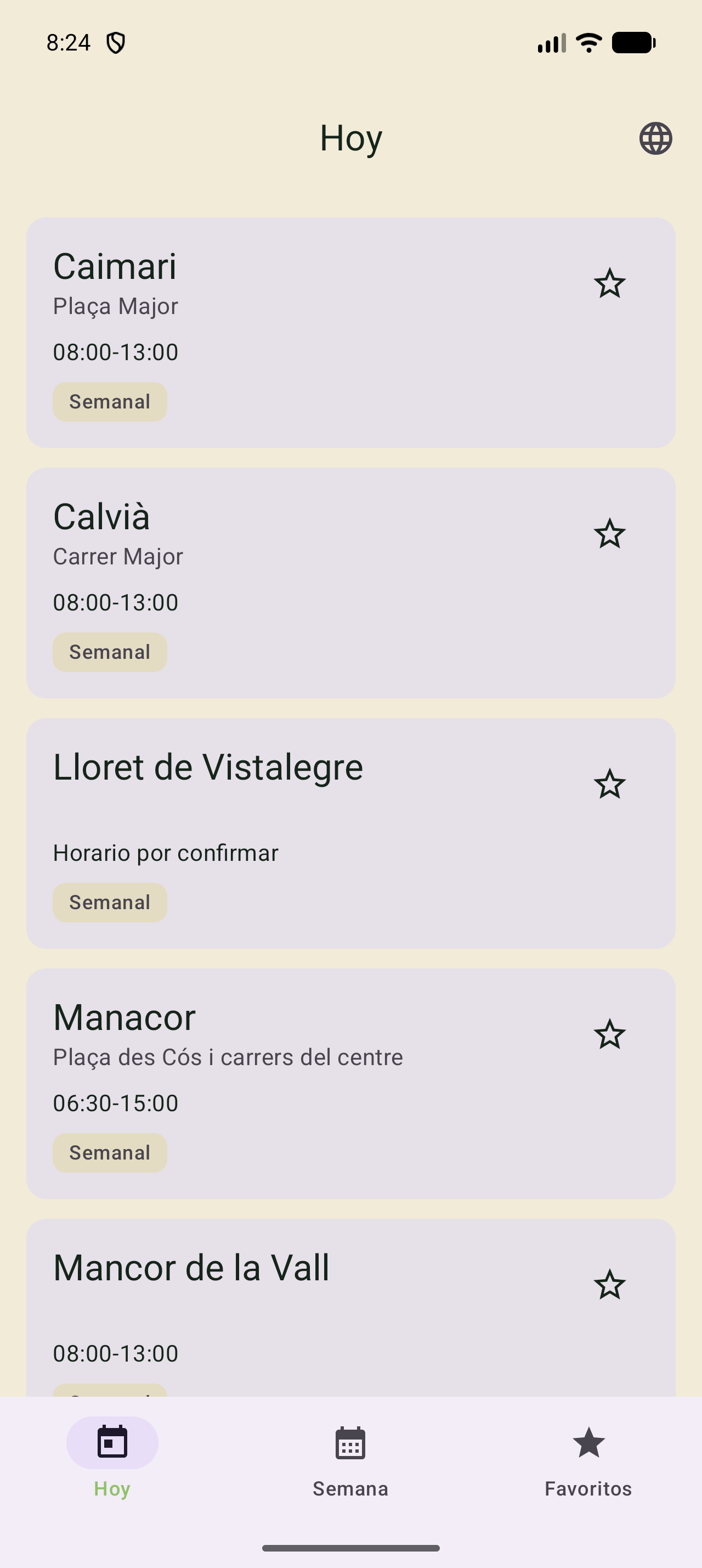 Vista de Hoy: mercados del día ordenados por cercanía