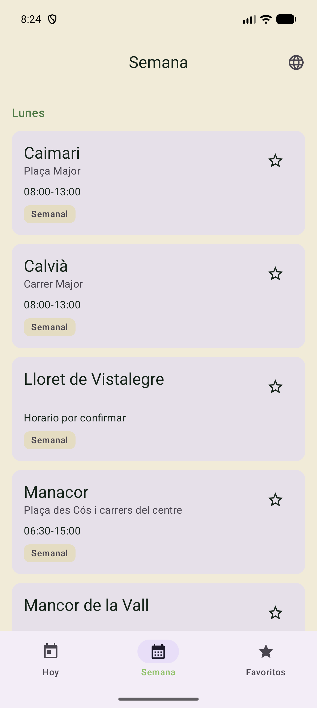 Vista de Semana: mercados agrupados por día