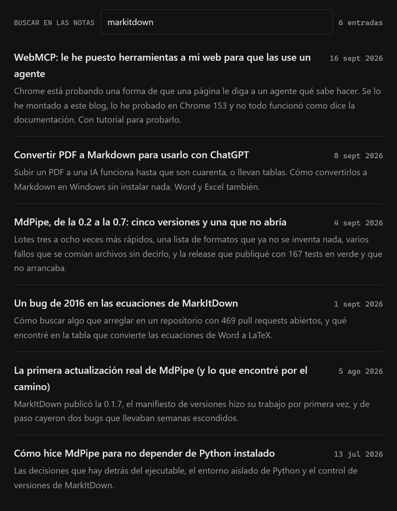 La lista de entradas filtrada por markitdown después de que la herramienta rellene el buscador