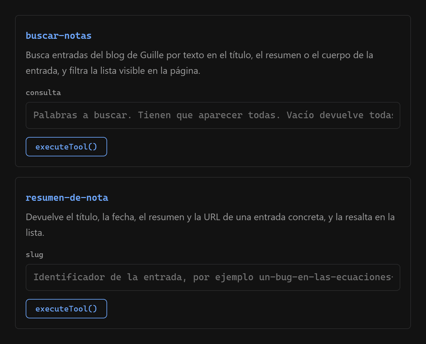 Panel con las dos herramientas, generado a partir de lo que devuelve getTools()