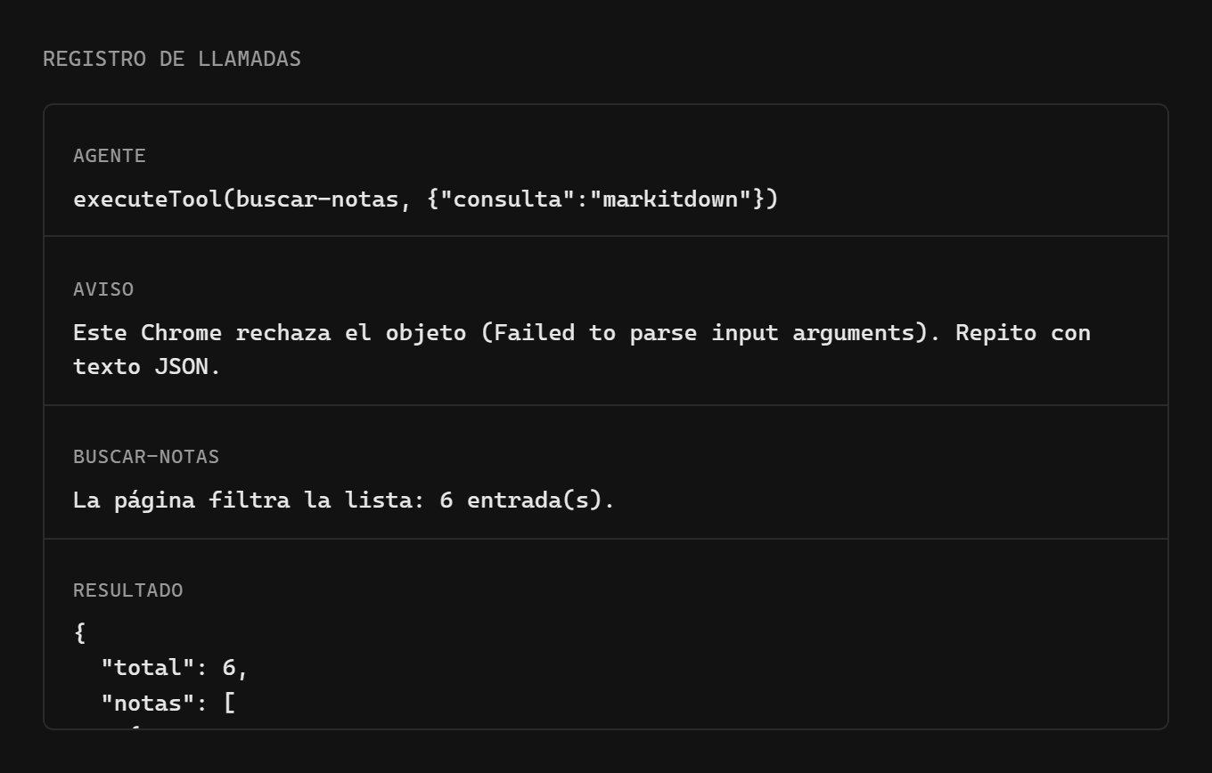 Registro de una llamada: el agente pide buscar markitdown, Chrome rechaza los argumentos, se repite con texto y la página devuelve seis entradas