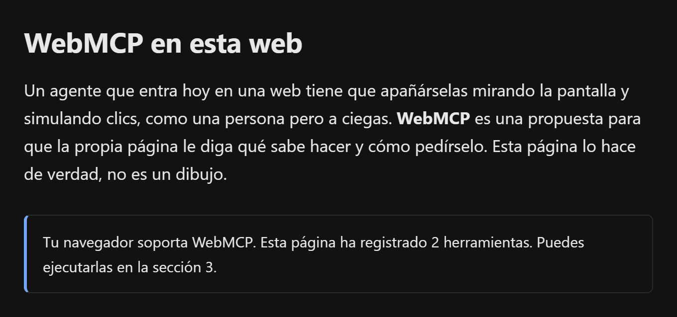 Aviso de la demo diciendo que el navegador soporta WebMCP y que hay dos herramientas registradas